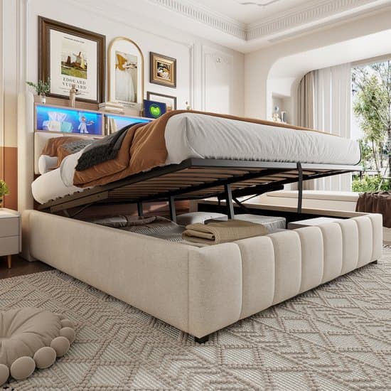 Wishdor – Gestoffeerd Bed 180x200 cm – Met LED & USB/Type-C – Hydraulische Lift & Opbergvakken – Luxe & Functioneel – Linnen – Beige