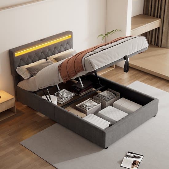 Wishdor – Gestoffeerd Bed 140x200 cm – Met LED, USB-C & Hydraulische Lift – Smart & Stijlvol – Linnen – Grijs