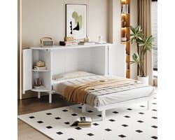 STILVORA Kastbed 140x200 cm – Met Lattenbodem – Rattan Deuren en Opbergnissen met 180 Graden Scharnier – Ruimtebesparend – Hout – Zonder Matras – Wit