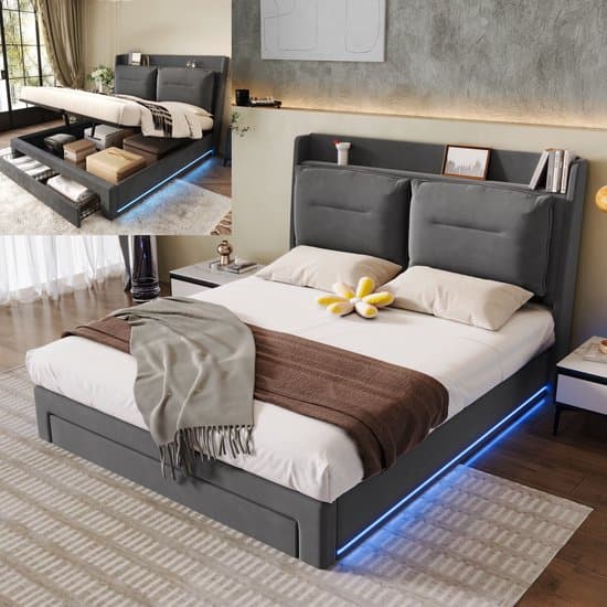 bed 140x190 cm met 2-in-1 opbergladen aan het voeteneinde van het bed, 140x190 cm opbergbed met lattenbodem EN LED verlichting, fluweel, grijs(Matras niet inbegrepen)