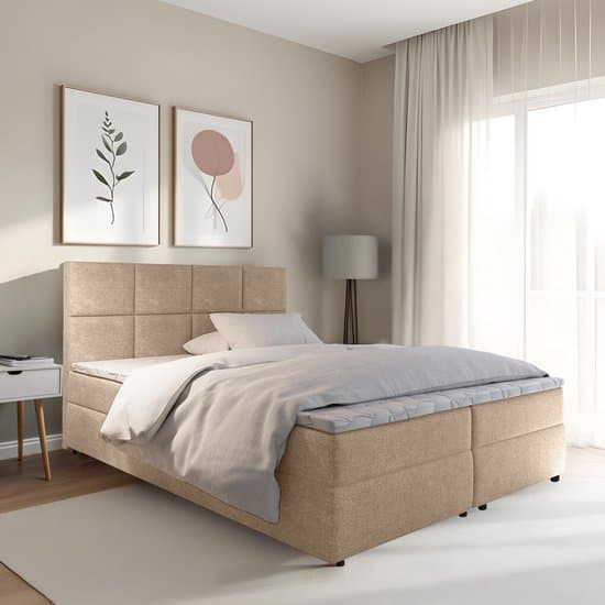 Boxspring met opbergruimte Sam - 140x200 cm - Beige - Inclusief Topper - Bed met Opbergruimte - Opberg boxspring - Bonellvering tot 100 kg - Beddenbriljant