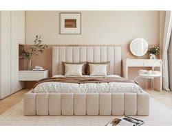 Gestoffeerd Tweepersoons Bed 200x200 cm – Luxe Velvet Beige Design Bed met Opbergruimte, Verend Houten Lattenbodem, Moderne Verticale Stiksels – Premium Slaapkamer Bedframe – Abkantoor