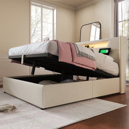 REDOM Opbergbed 140x200 cm – Linnen – Hydraulisch – LED & USB/Type-C – Beige – 300 kg