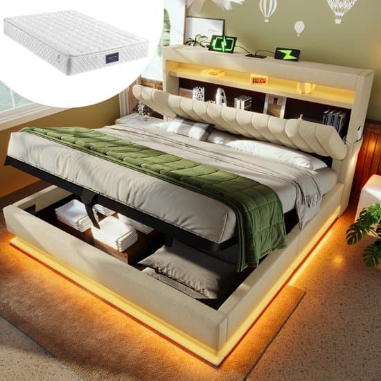 REDOM Opbergbed 140x200 cm – Linnen – Hydraulisch – LED & USB/Type-C – Incl. matras – Beige – 250 kg