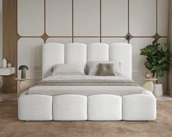 Gestoffeerd Tweepersoonsbed 180x200 cm met Opbergruimte – Luxe Bouclé Teddy Bed met Verticale Designpanelen en Lattenbodem – Fluffy Comfort Design – 225x201x105 cm – Wit – Abkantoor