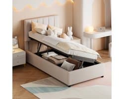 Wishdor Klassiek Eenpersoonsbed met Hydraulische Opbergruimte – Beige – 90x200 cm