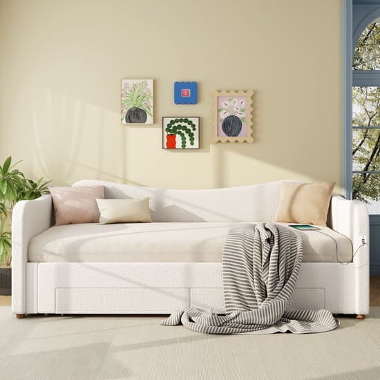 Wishdor – Uitschuifbaar dagbed 90/180x200 cm – 2 opberglades & USB-C – Bouclé – Beige – Flexibel wonen met stijl en opbergruimte
