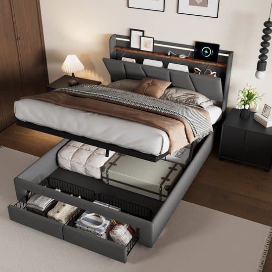 Opbergbed 140x200 met LED & USB – Donkergrijs Linnen – Bed met Hydraulische Opbergruimte & 2 Lades – Gestoffeerd Tweepersoonsbed