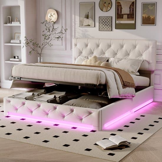 Modern gestoffeerd bed, LED-bed met veel opbergruimte, elegant tweepersoonsbed 140 x 200 cm, boxspringbed met stijlvol klinknageldesign, linnen stof, zonder matras (Verzonden in 2 pakketten)