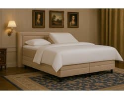 Boxspring vlak Pisa met topmatras 180x200 cm Luxe Pocketvering Stof beige Gratis 2x Hoofdkussens