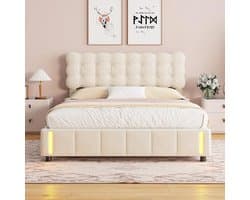 Hemelbed – Tweepersoonsbed – Gestoffeerd Bed – Opbergbed – Bedframe – 140 x 200 cm – Hydraulische Opbergruimte – LED Sensorverlichting