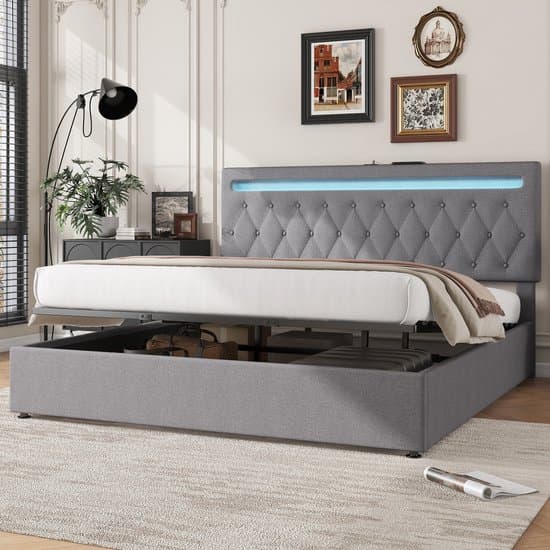 Wishdor – Opbergbed 180x200 cm – Met App-gestuurde LED & Hydraulische Lift – Oplaadstation USB-C – Smart & Luxe – Linnen – Grijs