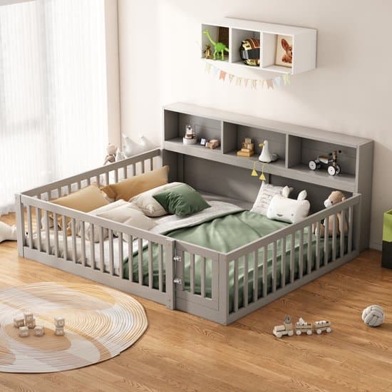 MODFU Bedframe 140x200 cm van massief hout en MDF, met opbergruimte en lattenbodem, veiligheidsreling, grijs