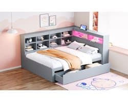 Wishdor – Multifunctioneel bed 140x200 cm – USB & LED – Opberglades & vakken – Hout grijs – Opgeruimd