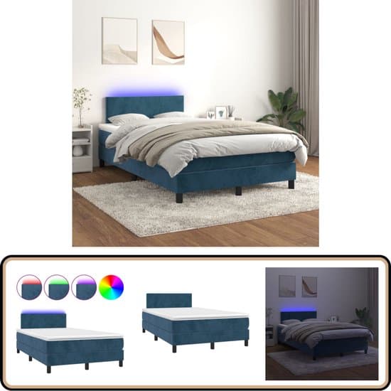 vidaXL Boxspring met LED - Fluweel - Donkerblauw - 120x200 cm Boxspring - Donkere Blauwe Boxspring - Velvet Boxspring - Led Boxspring - Tweepersoons Boxspring