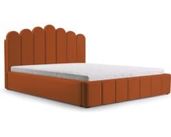 Tweepersoonsbed met fluwelen bekleding, met hoofdeinde, lattenbodem, bed voor volwassenen - BED 03 - 160x200 - Donker oranje (TRINITY 25)