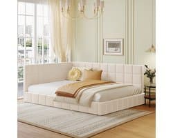 Gestoffeerd Slaapbank 140x200 - Multifunctioneel Bed Met Lattenbodem - Fluweel - Beige
