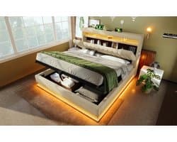 REDOM Opbergbed 140x200 cm – Linnen – Hydraulisch – LED & USB/Type-C – Incl. matras – Beige – 250 kg
