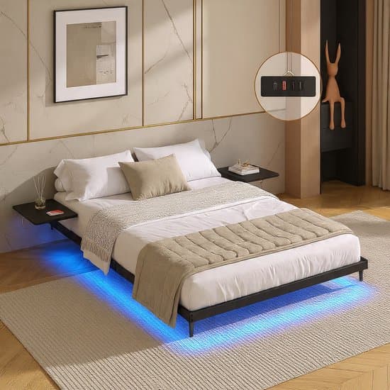 Luxe Zwevend Metalen Bedframe 140x200 cm – Tweepersoonsbed met LED-verlichting, USB-Laadstation en Opbergplanken – Modern Design, Stabiele Lattenbodem, Zwart - House&Garden