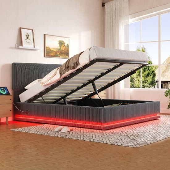 Gestoffeerd Bed - 140x200 cm - Modern met LED - USB-C en Opbergruimte - Ribfluweel - Grijs