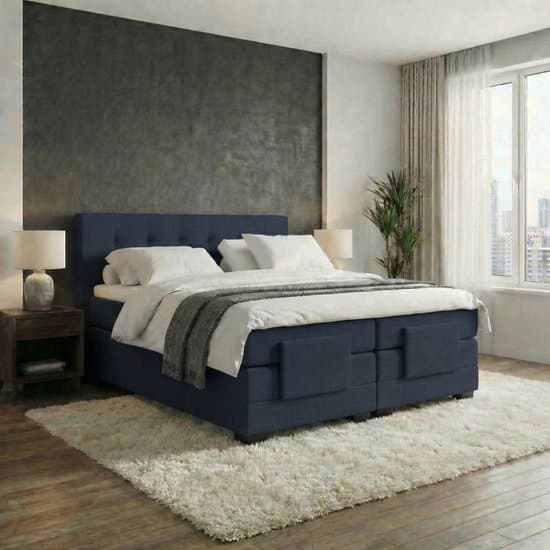 Mörgenn Elektrische Boxspring LUXA - Luxe Splittopper - Pocketvering - Donkerblauw - 140x220 cm - Inclusief Montage + Dekbed en Kussens