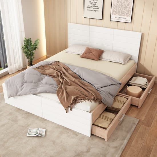 Tweepersoonsbed - houten bed 160x200 cm met 2 lades - modern bed - eiken / witte set - zonder matras