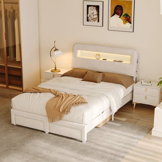 Gestoffeerd bed tweepersoonsbed 160x200 cm, hoofdeinde aan beide zijden met opbergvak + oplaadpoort + LED-licht, twee lades aan het voeteneinde, beige fluweel