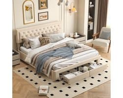 Opbergbed 160x200 cm, tweepersoonsbed met lattenbodem en eindladen, voor volwassenen en tieners - zonder matras, beige fluweel