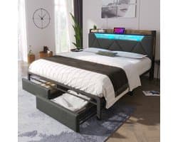 Strovea Tweepersoonsbed 160x200 cm Bed voor volwassenen Bed met laden met oplaadfunctie met metalen lattenbodem Grijs