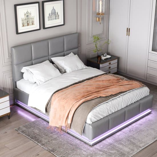 Wishdor – Gestoffeerd Bed 140x200 cm – Met LED & Hydraulische Lift – Luxe Opberger – Kunstleer – Grijs