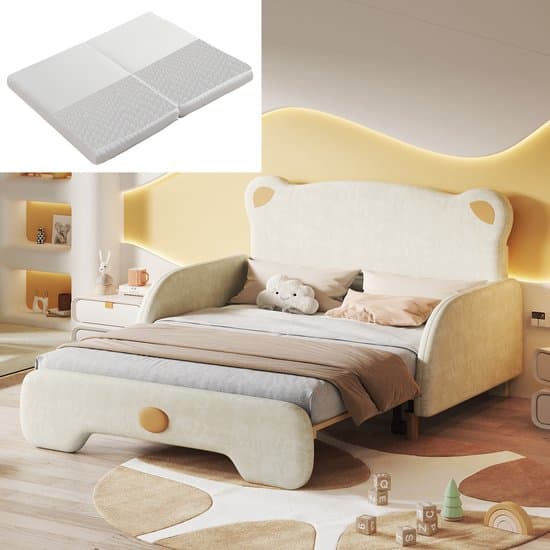 MODFU Ledikant 140x200 cm – Berenvormig fluwelen bed met uitschuifbed – Incl. opvouwbaar schuimmatras – Beige