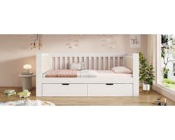 Wishdor Dagbed 90 x 190 cm – 2 Laden op Wielen – Afgeronde Fluweel Armleuningen – Massief Grenenhout – Verzonken Lattenbodem – Geschikt voor Logeerkamer en Tienerkamer – Inclusief Montagehandleiding en Gereedschap – Hout – Wit