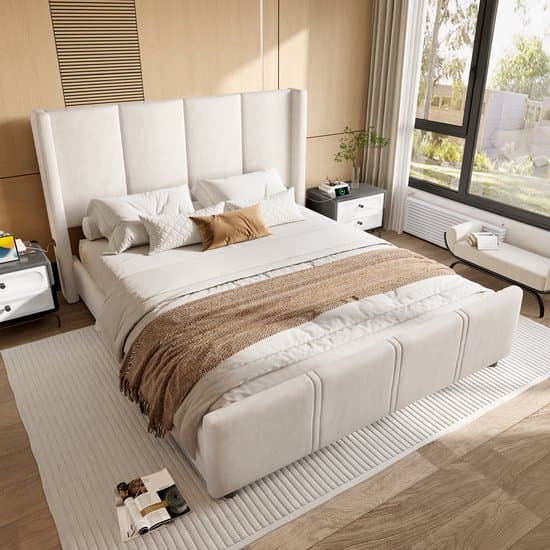 HAUSS SPOLE Gestoffeerd Bed 140x200 cm - Hoog Hoofdeinde Met Comfortabele Rugleuning - Met 12V USB/TYC-aansluitingen - Velvet - Beige - Zonder matras