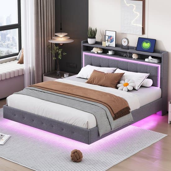 Gepolsterd Bed - 160x200 cm - Met USB en LED - Verborgen Voetdesign - Linnen - Grijs