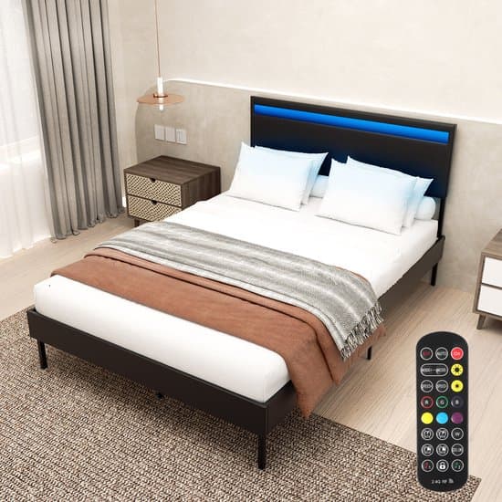 Modern Zwart Bed 140x200 cm - Opbergbed met geïntegreerde LED's, gestoffeerd hoofdeinde en lattenbodem inbegrepen