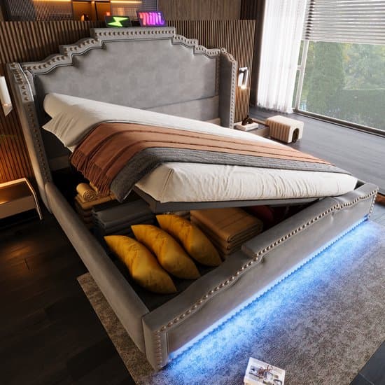 REDOM Opbergbed 140x200 cm – Fluweel – Hydraulisch – LED & USB/Type-C – Grijs – 181 kg