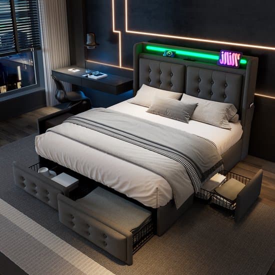 MODFU Ledikant 160x200 cm – gestoffeerd katoen-linnen grijs – met 4 lades, LED, USB/Type-C – inclusief matras