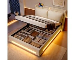 Gestoffeerd Bed - 140x200 cm - Modern met LED - USB-C en Opbergruimte - Textiel - Grijs