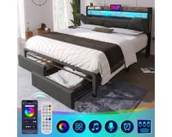 KOMHTOM Tweepersoonsbed 160x200 cm Bed voor volwassenen Bed met laden met oplaadfunctie met metalen lattenbodem Grijs