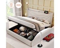 Tweepersoonsbed met opbergruimte 160x200 cm met opbergvak en USB Type-C-oplader - bed met lattenbodem - in katoen - beige