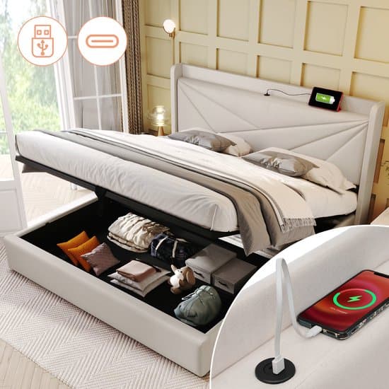 Tweepersoonsbed met opbergruimte 160x200 cm met opbergvak en USB Type-C-oplader - bed met lattenbodem - in katoen - beige