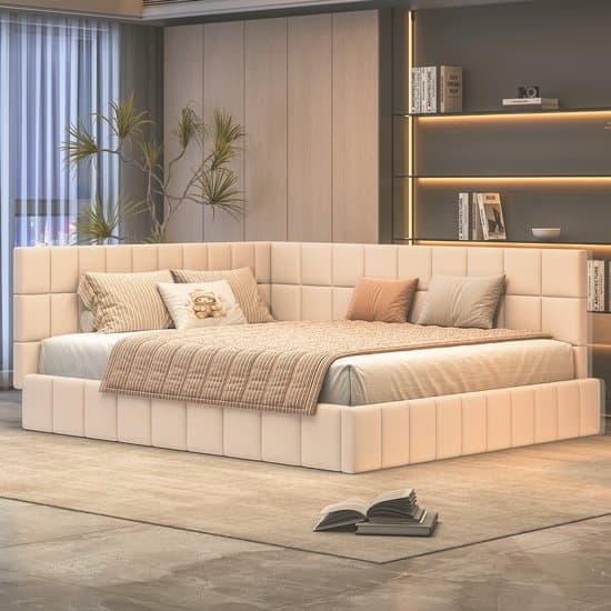 STILVORA Tweepersoonsbed 160x200 cm – Slaapbank met Lattenbodem & Wisselbare Rugleuning – als Bed of Sofa voor Woonkamer – Gestoffeerd – Beige – Zonder matras