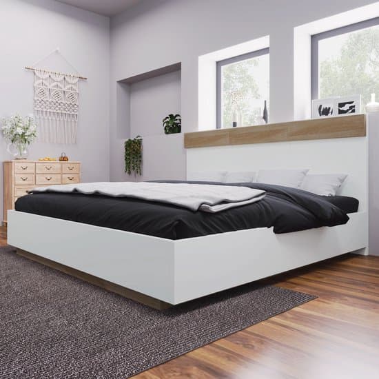 Tweepersoonsbed - zwevend bed 180x200cm met hoofdeinde en lattenbodem - wit - zonder matras