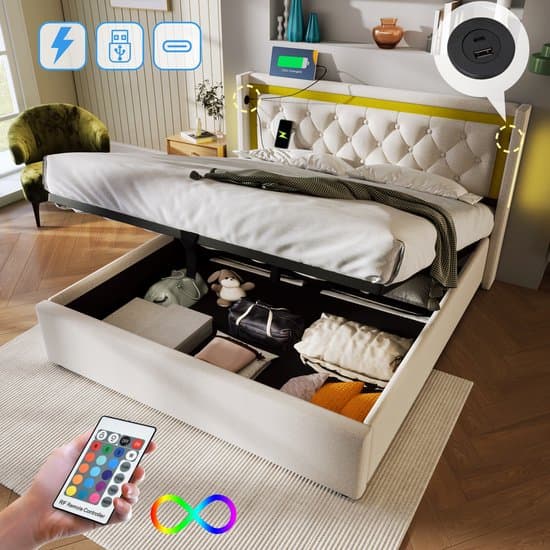 OKWISH Gestoffeerd Bed 160x200 cm - LED Hoofdeinde Met USB & Type-C - Gasdruk Opbergruimte Onder Lattenbodem - Katoen - Lichtbeige - Zonder matras