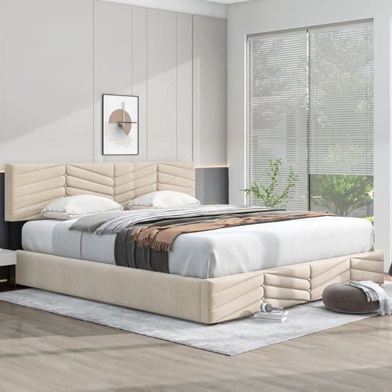 Gestoffeerd bed - 160 x 200 cm - Tweepersoonsbed - opbergbed met veel opbergruimte - Verstelbaar hoofdeinde - Zonder matras - Beige