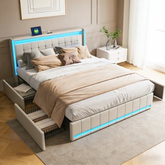 Gestoffeerd bed 140x190 cm met LED en USB, tweepersoonsbed met 4 laden, bedden met opbergruimte en lattenbodem, bedframe met rugleuning voor jongerenbed, zonder matras, linnen beige