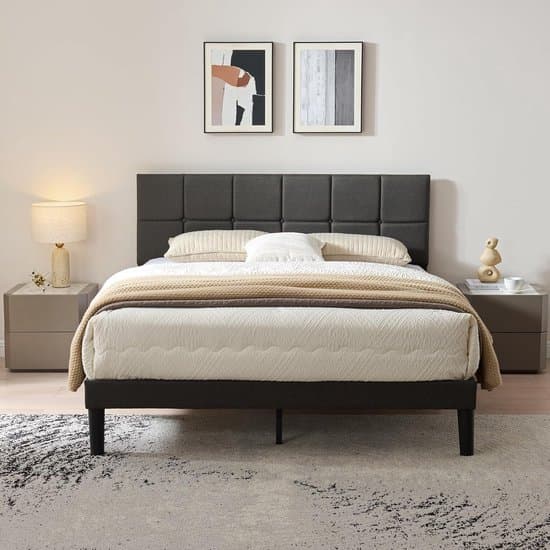 Gestoffeerd Tweepersoonsbed 160x200 cm met Lattenbodem en Verstelbaar Hoofdeinde – Modern Metalen Bedframe met Linnen Bekleding, Geruisloos en Stevig (Tot 360 kg) – Compact & Eenvoudige Montage – 160x200 cm – Dader