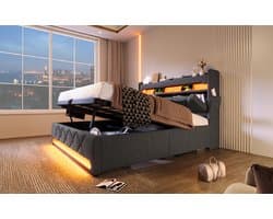 REDOM Opbergbed 140x200 cm – Linnen – USB/Type-C & 360° LED – Hydraulisch – Met matras – Grijs