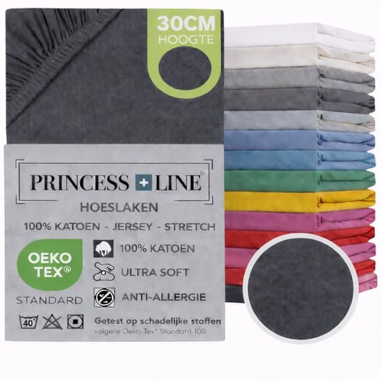 Princess Line- Comfortabel Ultra-Soft-Hoeslaken -100% katoen-Jersey -Stretch -Strijkvrij- Rondom elastiek-Hoekhoogte tot 30cm-Twijfelaar-120x200 cm-Antraciet