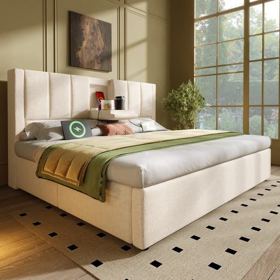 MODFU Ledikant 160x200 cm – Met opklapbare hoofdsteun, 3x USB, 1x Type-C én matras – Beige linnen